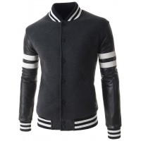 Men Charcoal Slim Fit Fashion Casual Paded Quilting Jacket with Synthetic Leather Sleeves